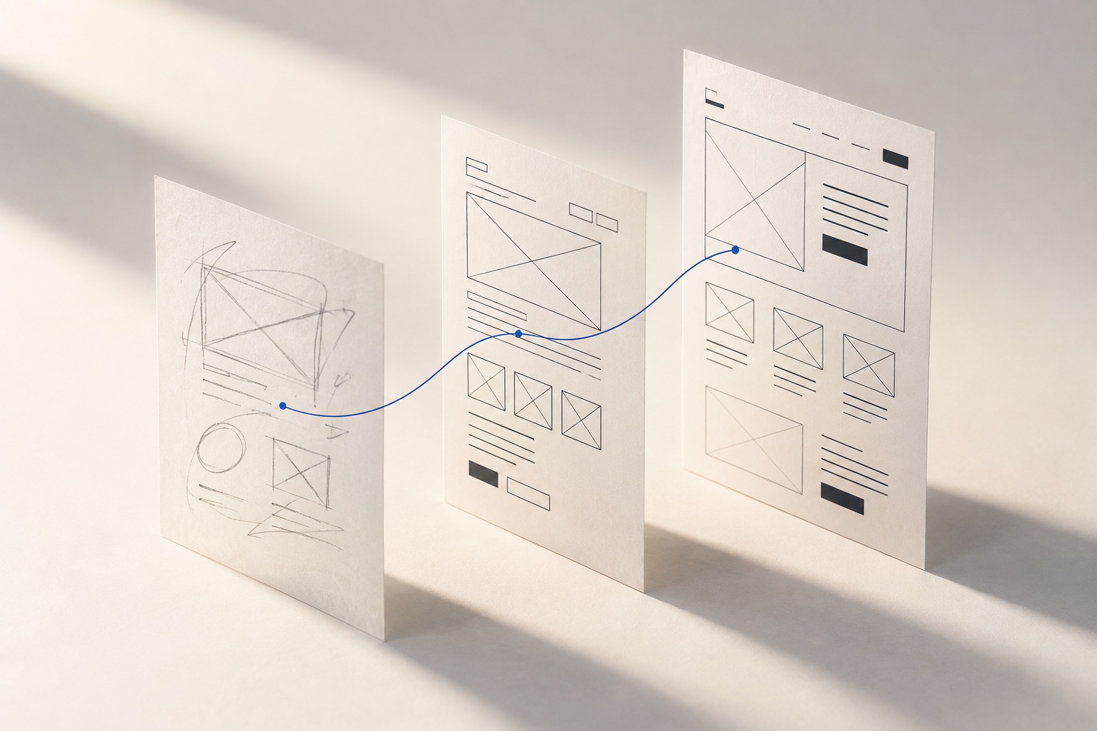 A rough pencil sketch becomes a structured wireframe across three sheets of paper.