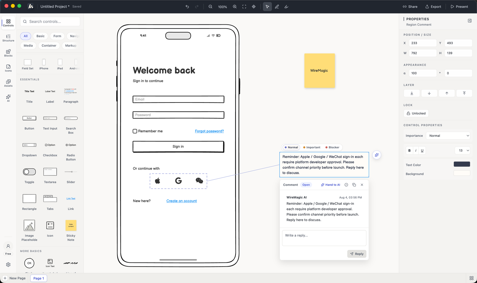 WireMagic editing an AI-generated mobile login wireframe with controls, comments, and properties visible.